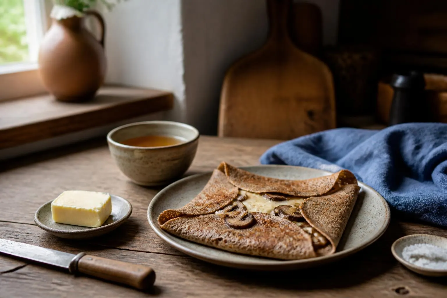 Galettes de sarrasin sur une table en bois, bol de cidre et beurre demi-sel