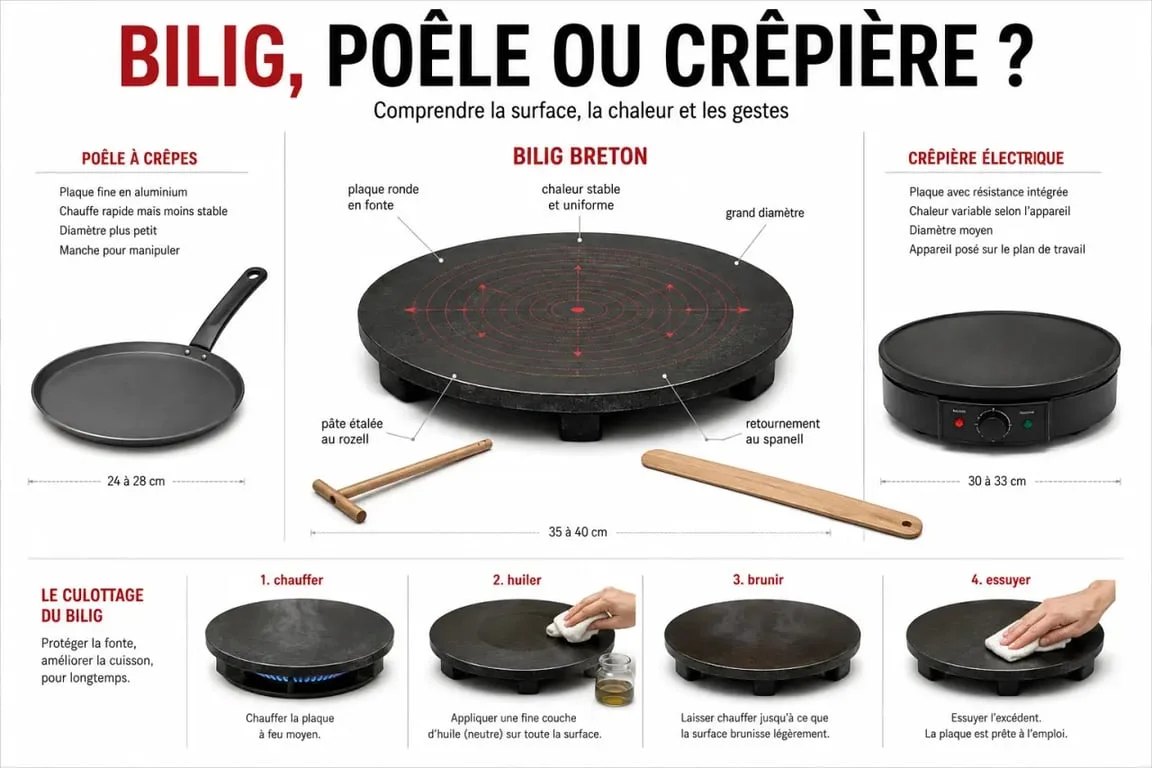 Bilig comparé à une poêle à crêpes et à une crêpière électrique, avec accessoires et culottage