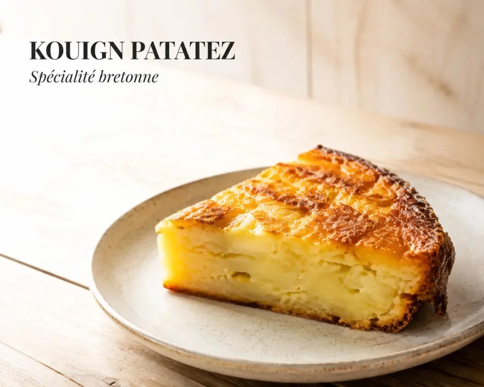 Kouign patatez doré et servi en parts sur une assiette rustique