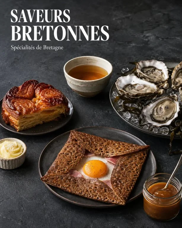 Spécialité bretonne : assortiment de galette de blé noir, kouign-amann, huîtres et cidre