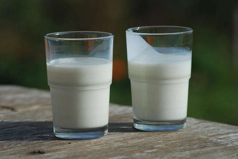 Un verre de lait à gauche et un verre de babeurre plus épais à droite, posés sur une table en bois