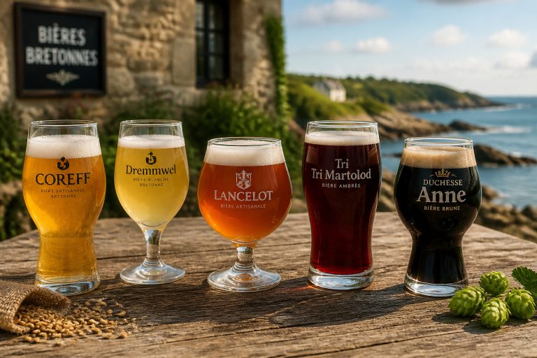Cinq bieres bretonnes artisanales sur table en bois
