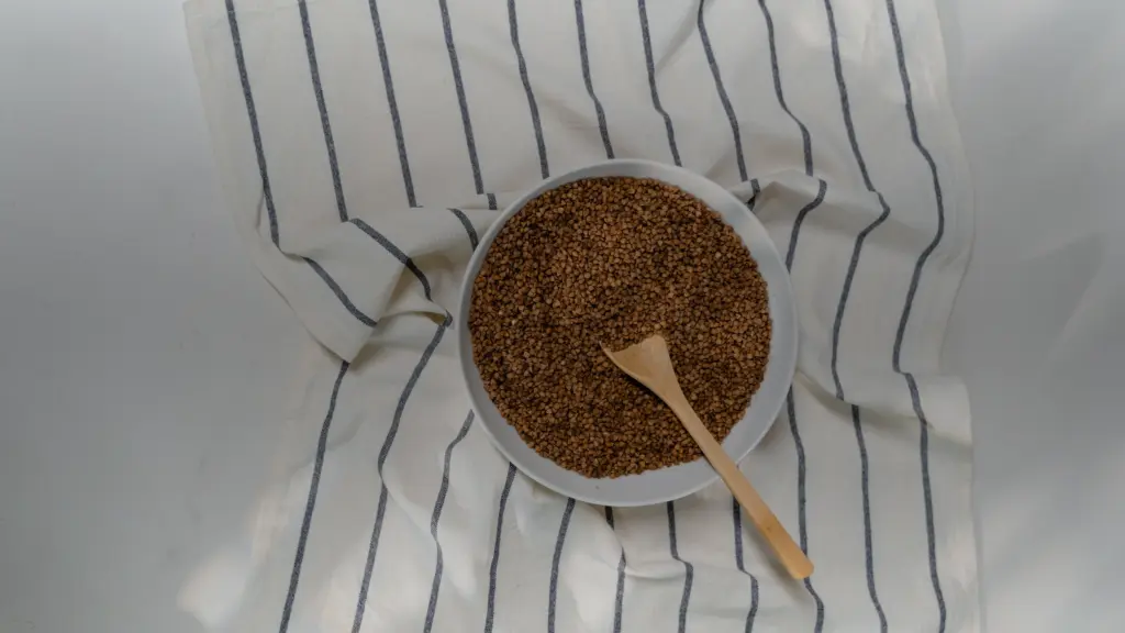 Graines de sarrasin dans une assiette avec une cuillère en bois