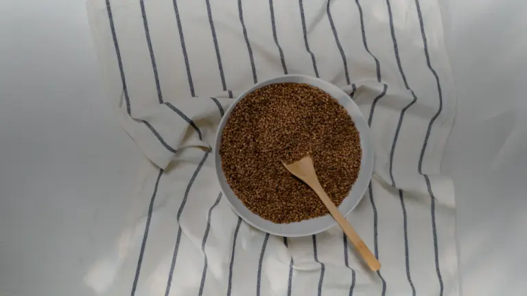 Graines de sarrasin dans une assiette avec une cuillère en bois