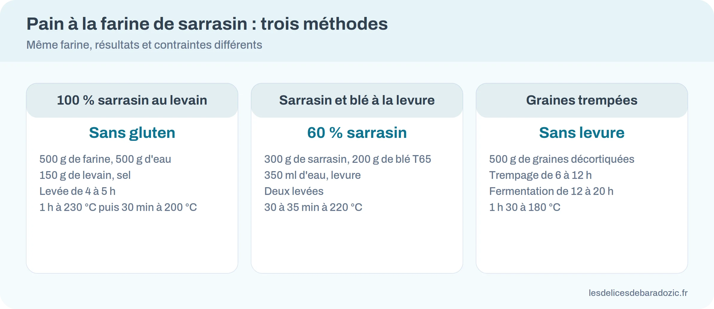 Comparaison de trois pains au sarrasin : levain 100 % sarrasin, sarrasin et blé à la levure, graines trempées